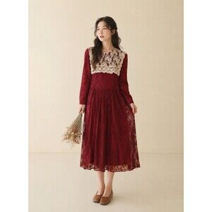 Vintage Scott McClintock Lace Collar Dress Red Prairie Romantic Midi USA Size 12